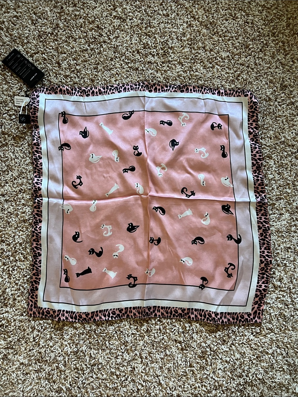 Pink Printed Square Scarf with Playful Cat Motif